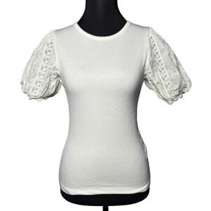 J. Crew Ivory Ribbed Puff Sleeve Lace‎ Trim Stretch Blouse Boho Cottage Women XS
